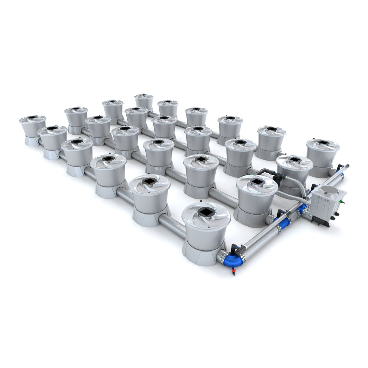Gray hydroponics system with 24 pots and interconnected pipes on a white background.