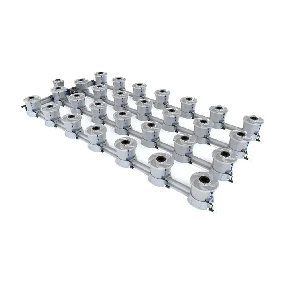 Silver deep water culture hydroponics system with 28 pots arranged in rows.