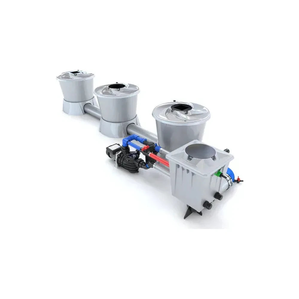 Alien Hydroponics V-System 3-pot 1-row DWC system. Grey tanks, pump, and header kit for deep water culture.