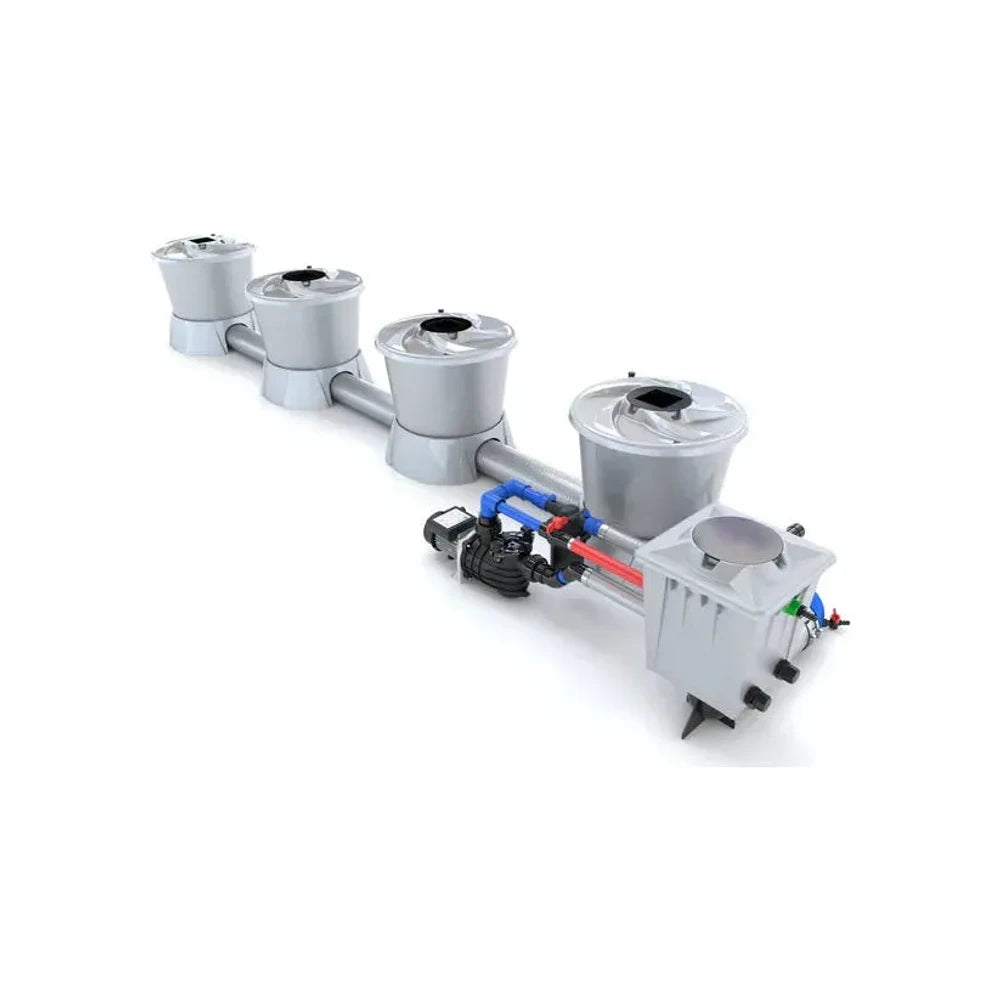 Alien Hydroponics V-System 4-pot DWC system with grey containers, connected pipes, black pump, and reservoir.