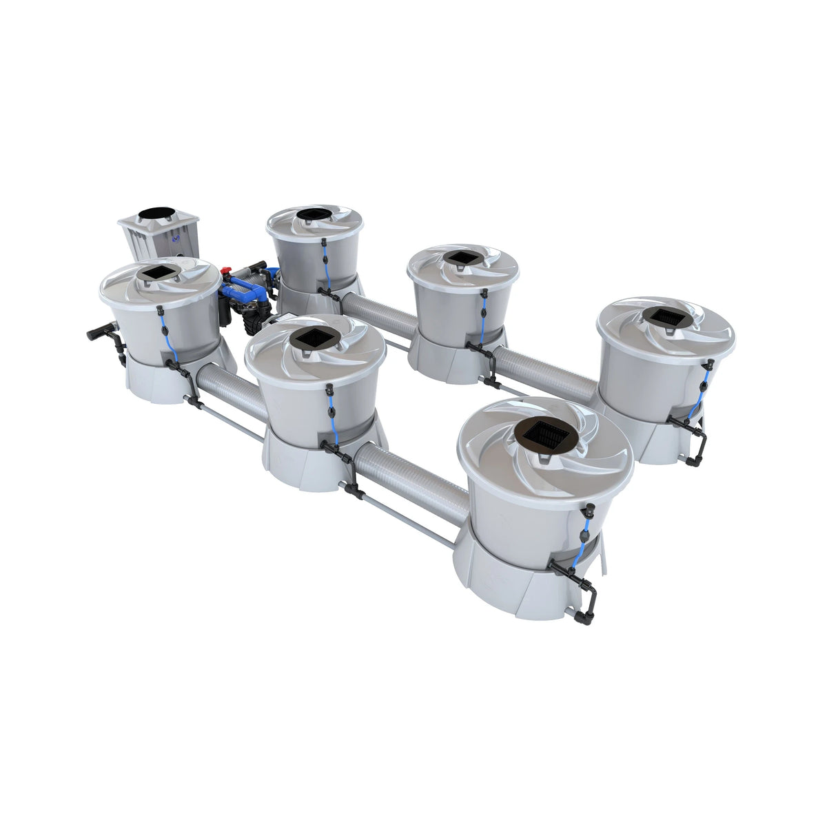 Alien Hydroponics V-System 6-pot kit with grey circular growing chambers and tubing on white background.