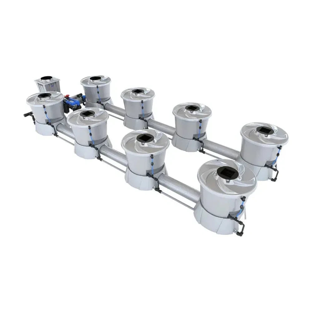 Eight-pot hydroponics system with stacked, cylindrical grow chambers connected by pipes.