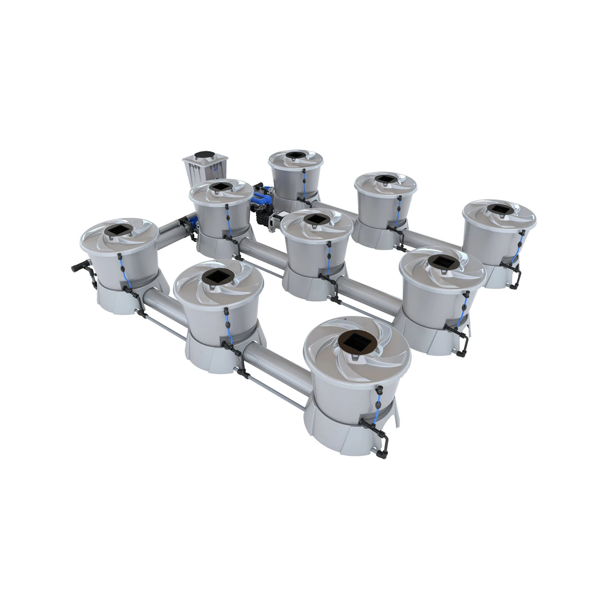A 9-pot hydroponic system with a central water pump, featuring a V-shaped layout and interconnected grow chambers.