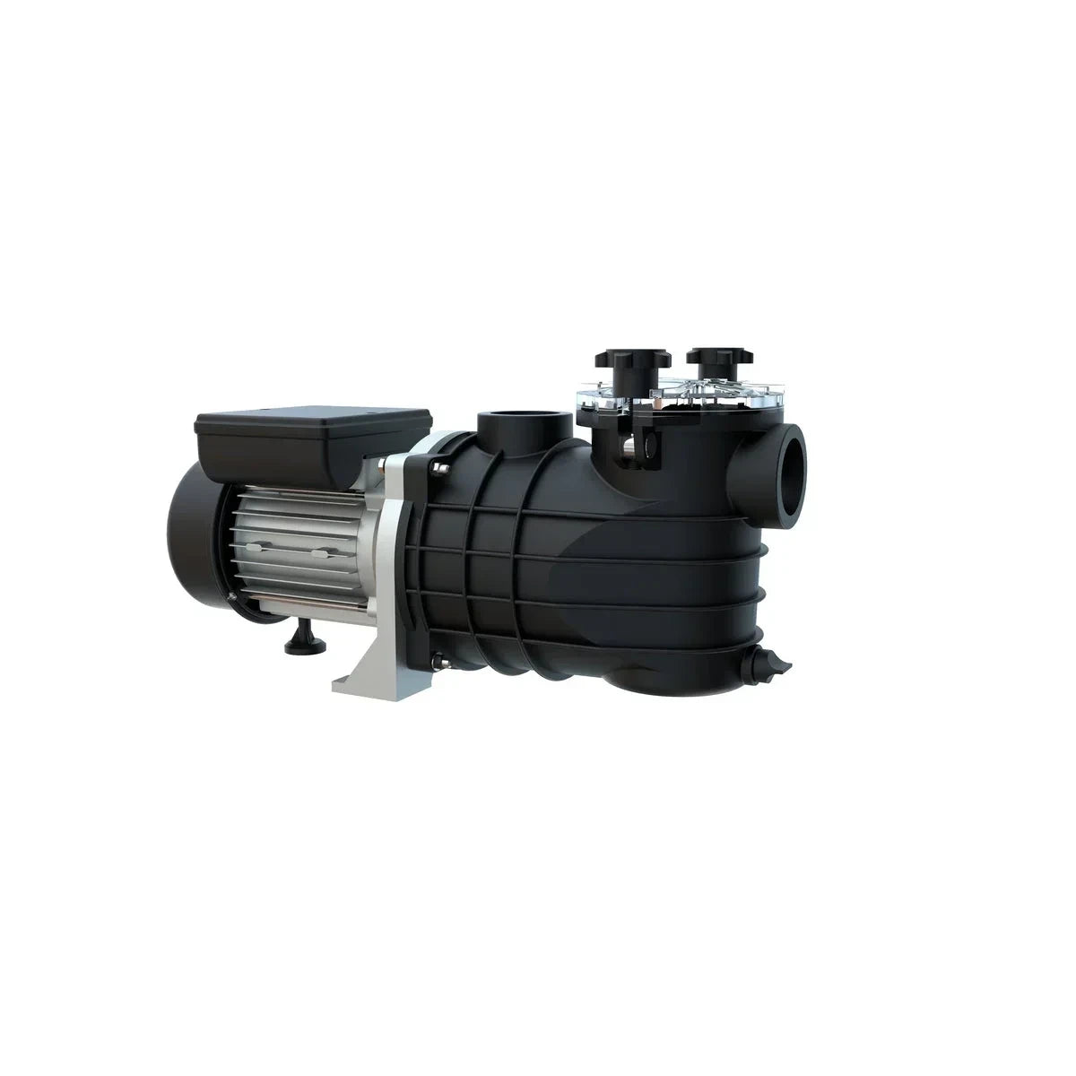Black and silver water pump with clear lid and knobs.
