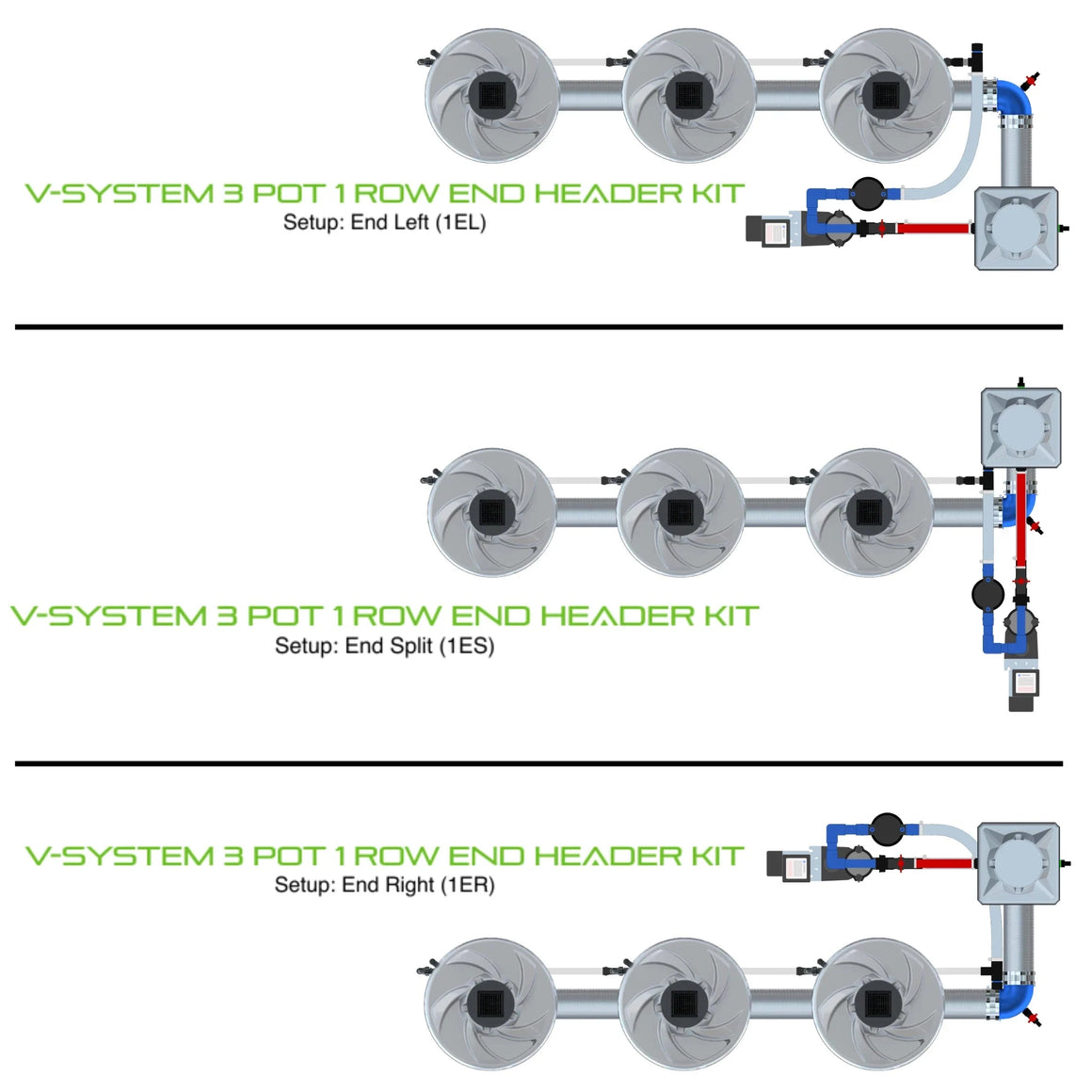Alien Hydroponics V-System DWC - 3 Pot 1 Row Header End Header