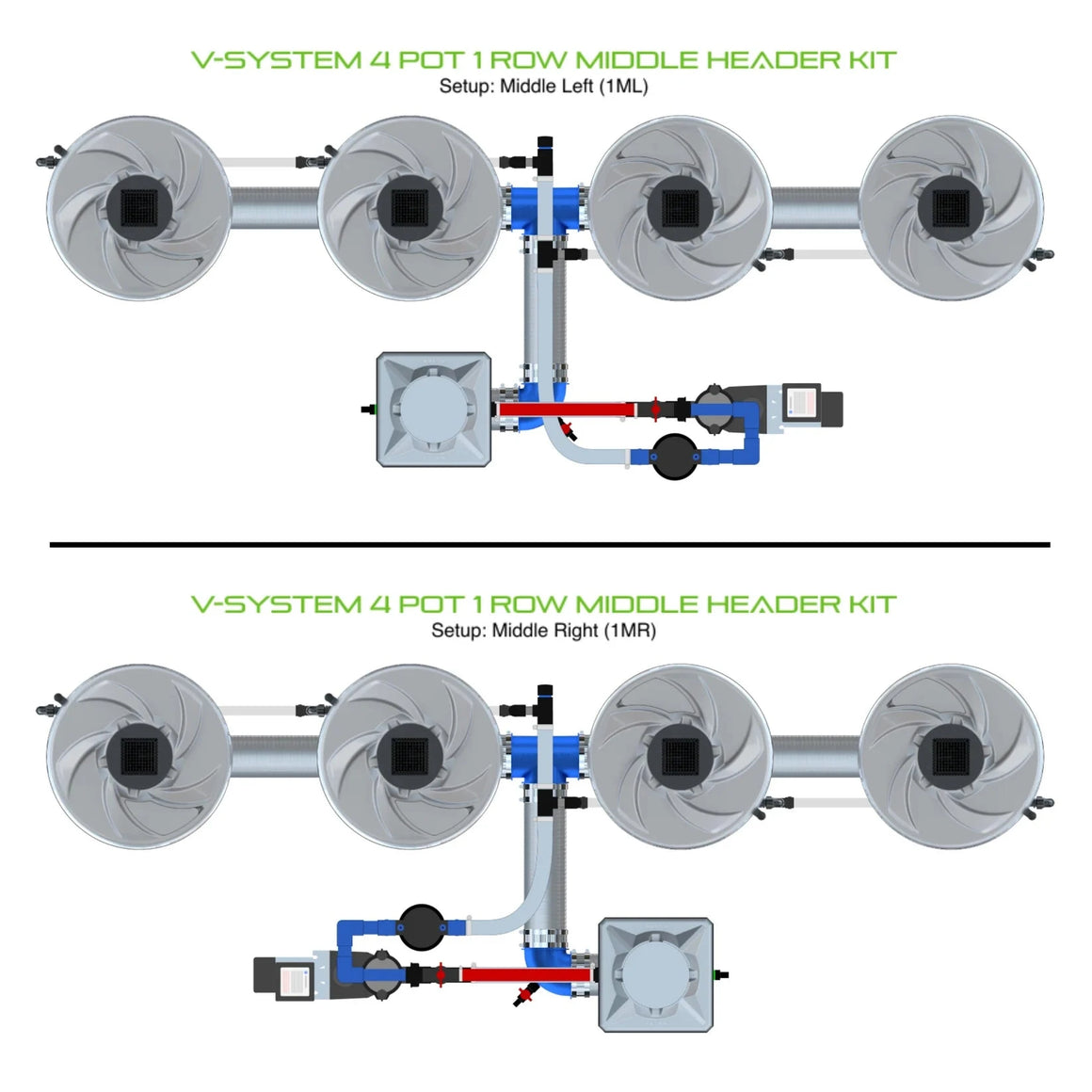 Top-down diagrams of a V-System 4-pot, 1-row hydroponic kit, showing left and right reservoir placements.