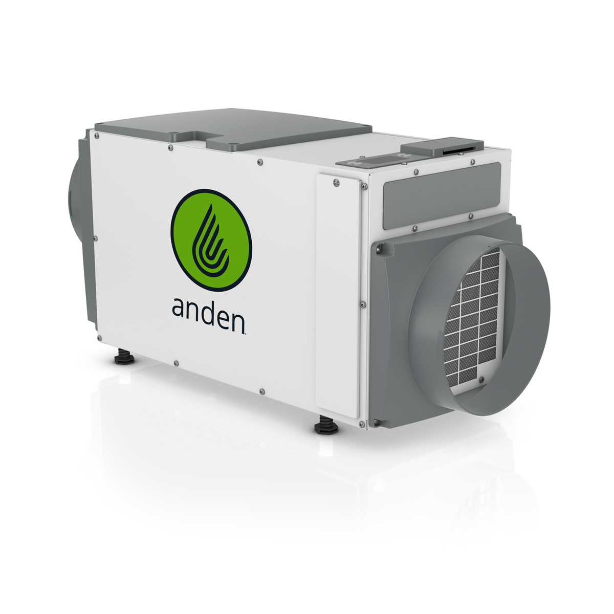 White and gray Anden A100 dehumidifier with a green logo on a white background.