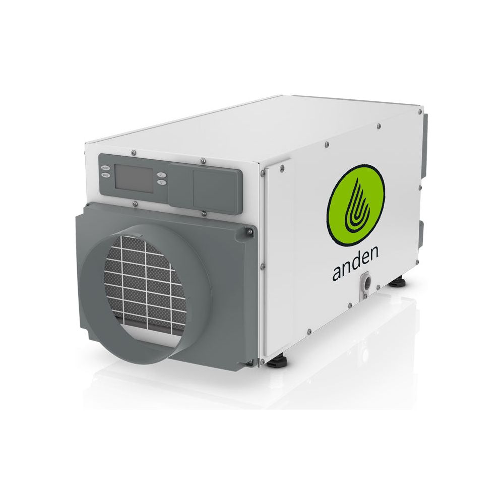White and gray Anden A70 dehumidifier with green logo and "anden" text on a white background.