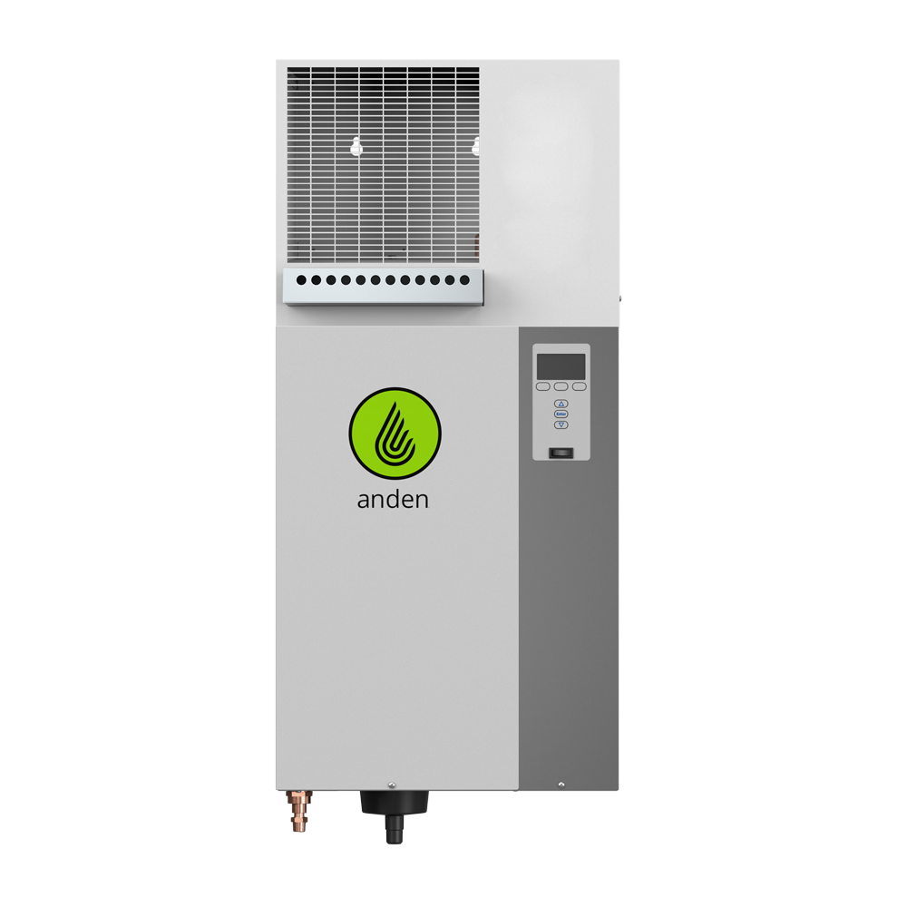 Anden AS150 high-capacity steam humidifier in grey and white, front view with logo, control panel, and vents.