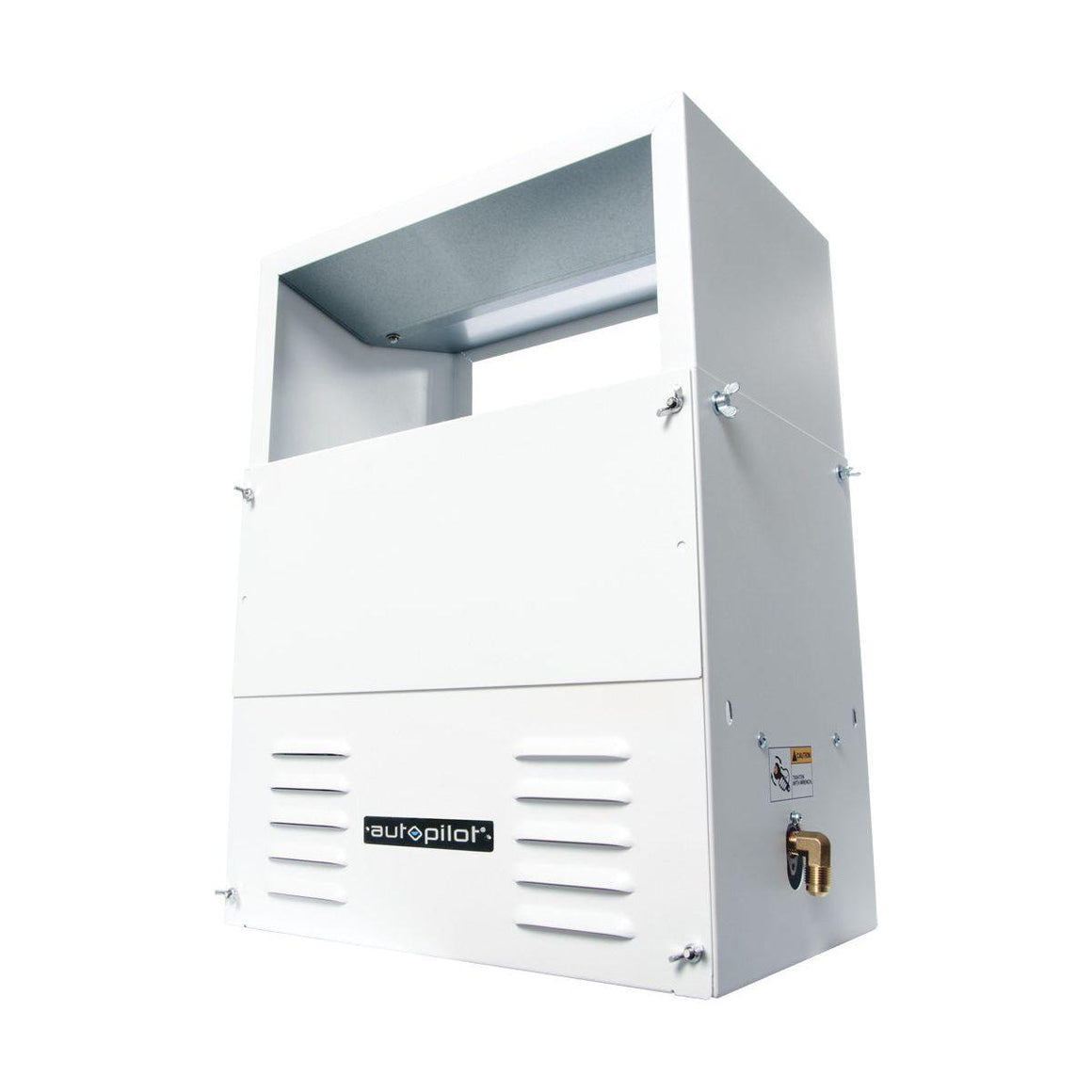Autopilot CO2 generator with LP tank connection, ventilation slots, and caution label on white background.