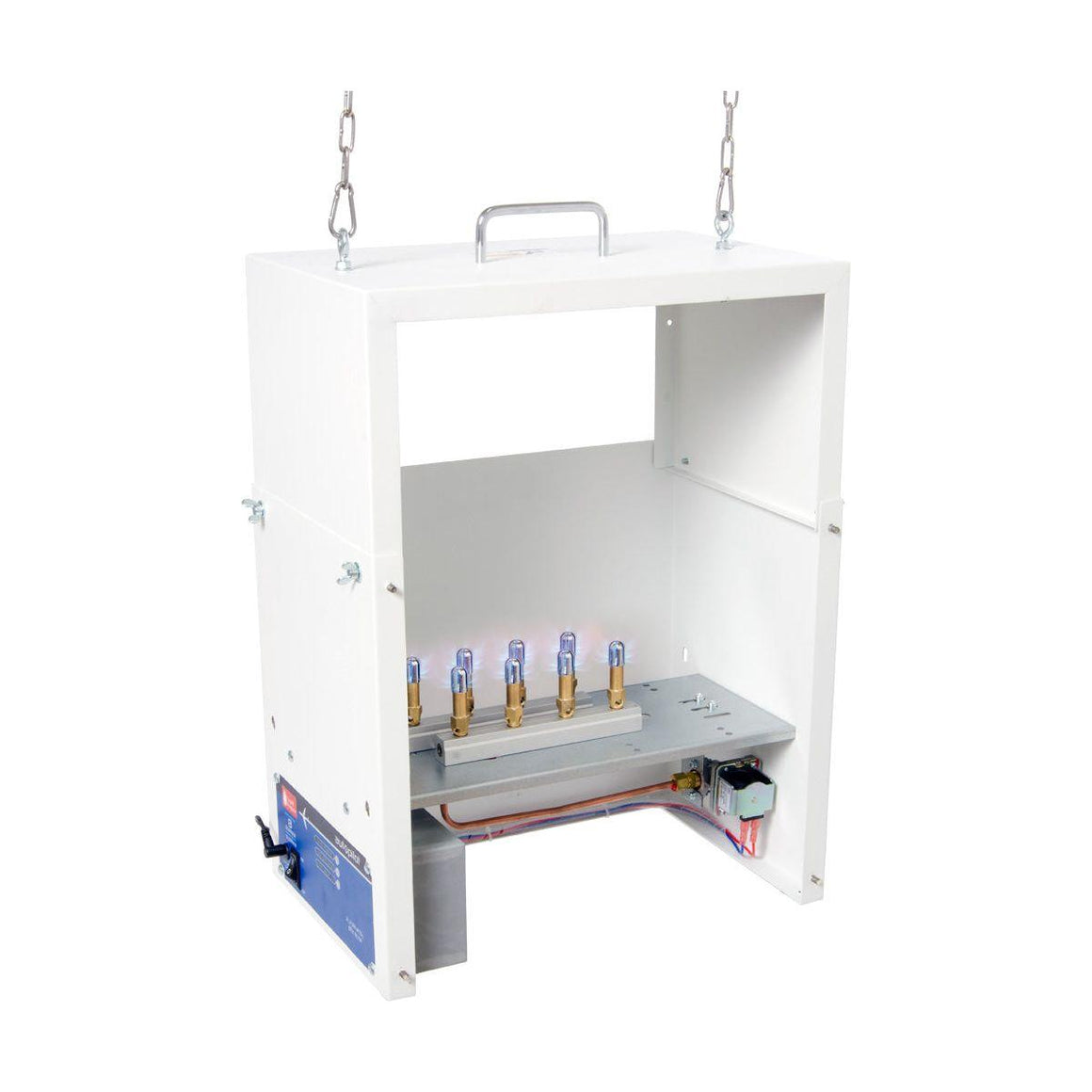White gas burner with 5 blue flames visible, metal housing and chains.