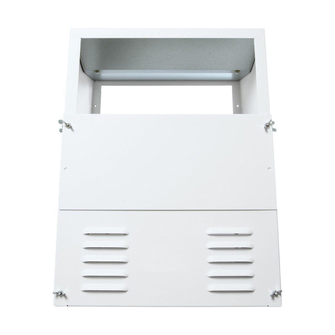 White metal cabinet with vents and latches, top opening.