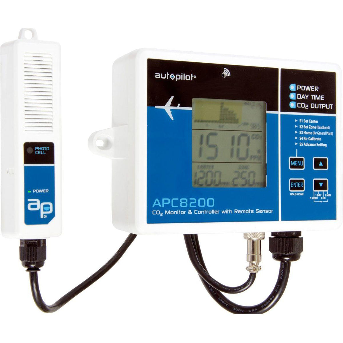 Autopilot APC8200 CO2 monitor and controller with remote sensor. White device with blue accents and digital display.