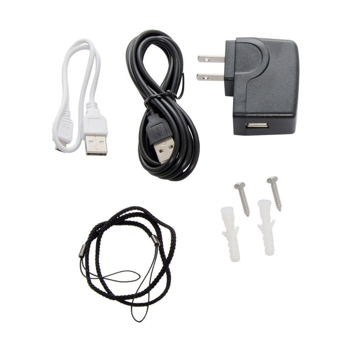 USB cables, a wall charger, screws, anchors, and a black lanyard are laid out against a white background.