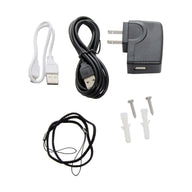 USB cables, a wall charger, screws, anchors, and a black lanyard are laid out against a white background.