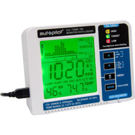 Autopilot CO2 monitor data logger with large green LCD display showing CO2, RH, and temperature readings.