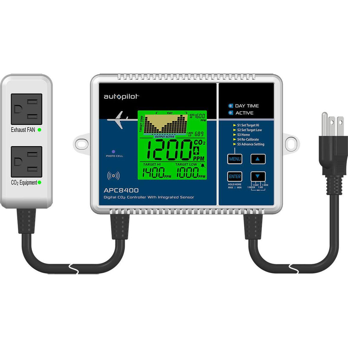 Autopilot APC8400 CO2 controller with digital display, exhaust fan and CO2 equipment plugs.