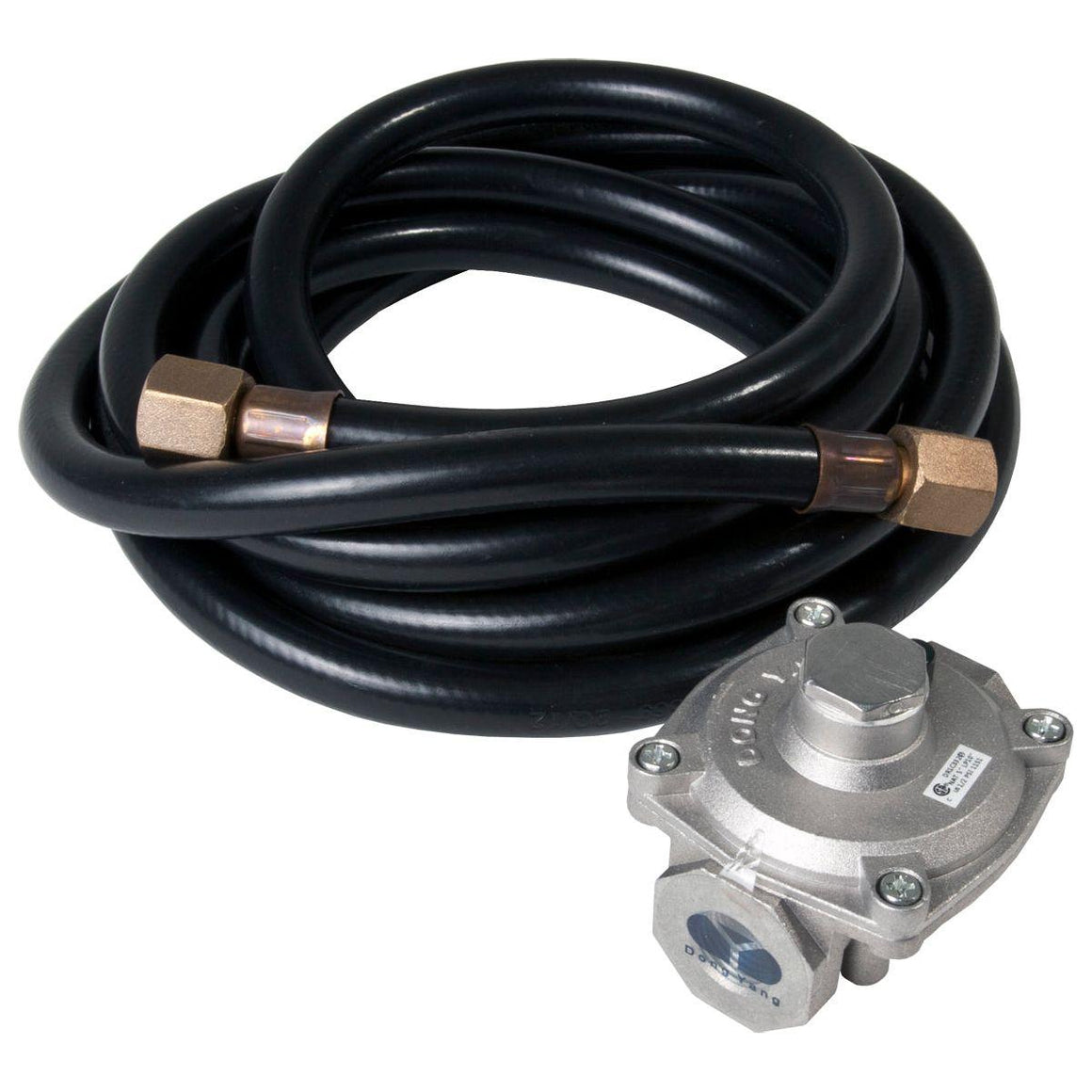 Black propane hose with brass fittings and a silver regulator.