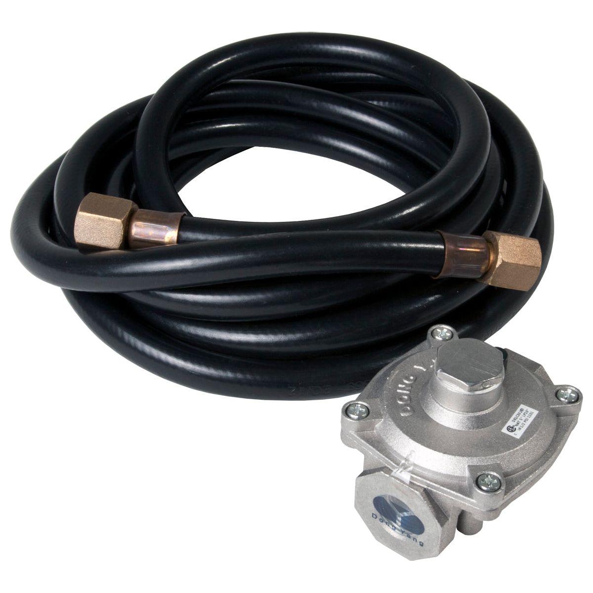 Black propane hose with brass fittings and a silver regulator.
