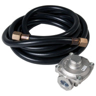 Black propane hose with brass fittings and a silver regulator.
