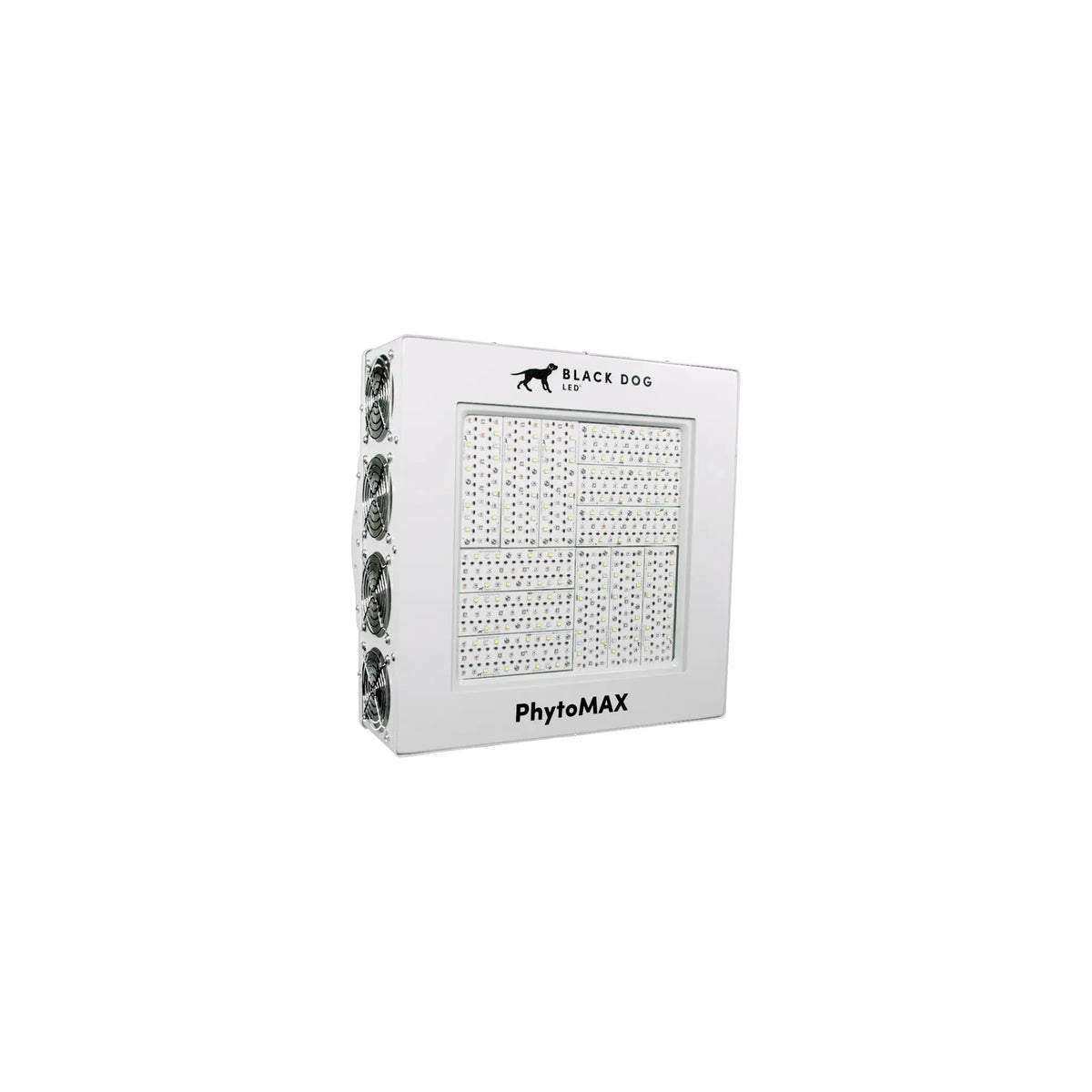 Black Dog LED PhytoMAX 4-12S LED grow light, white casing with fans and diode array.