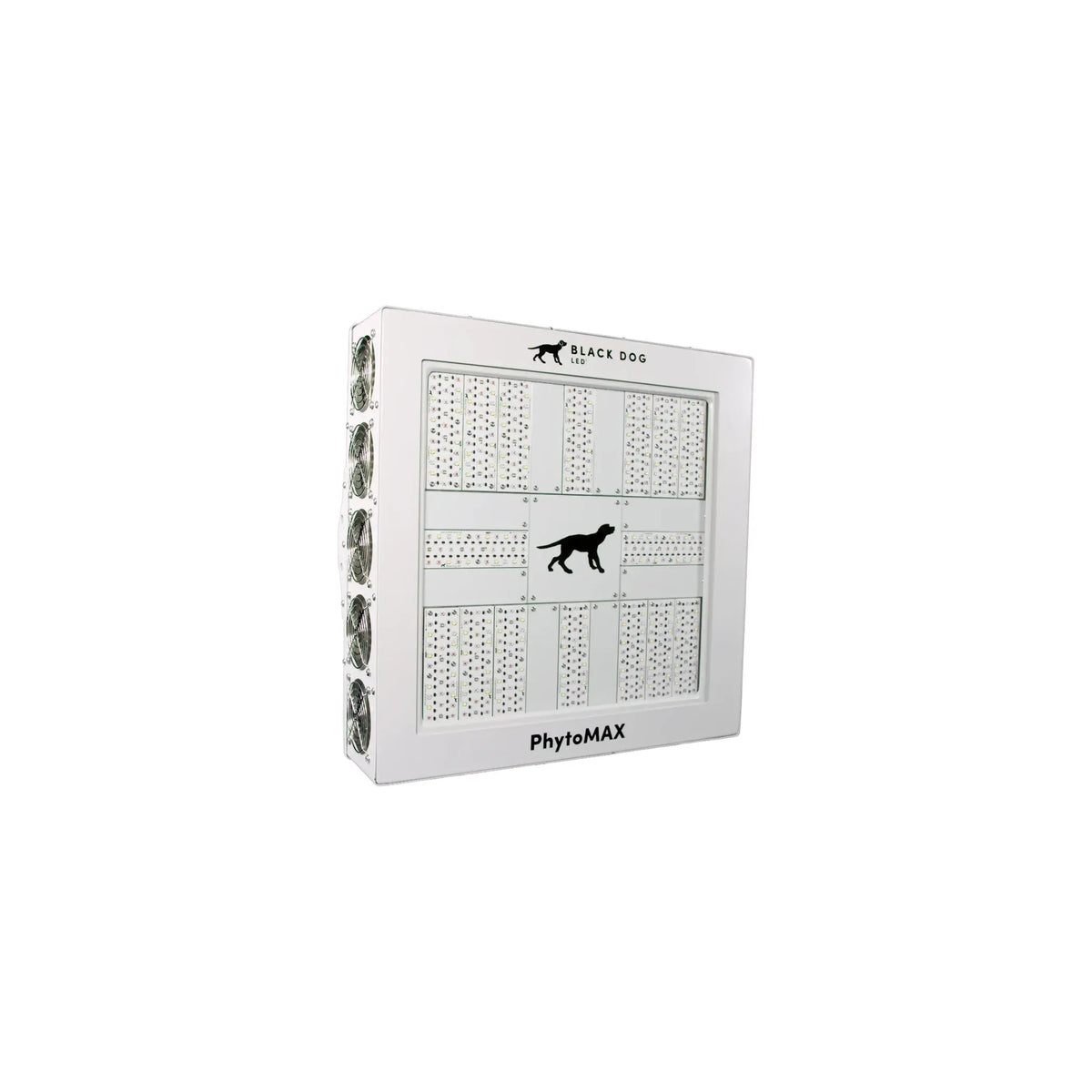 Black Dog LED PhytoMAX 4-16S LED grow light. White casing with side fans and prominent lighting panels.