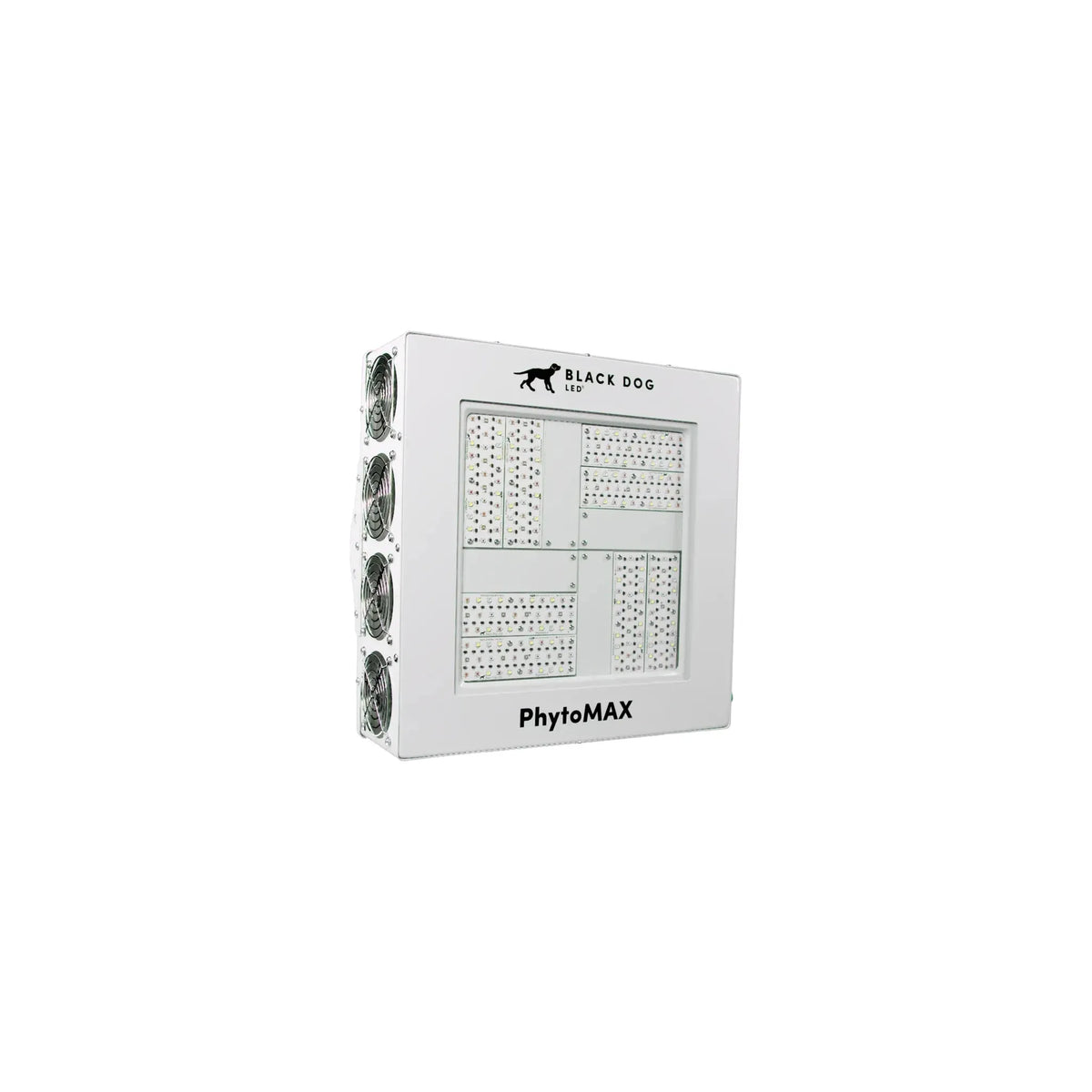 Black Dog LED PhytoMAX 4S LED grow light with fans and branding.