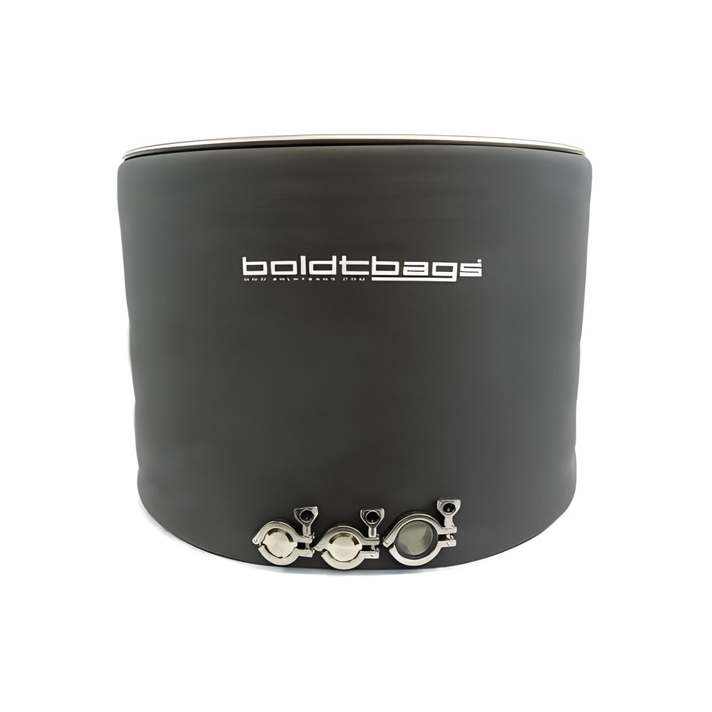 Dark gray boldtbags hash washing barrel with three stainless steel clamps at the bottom.