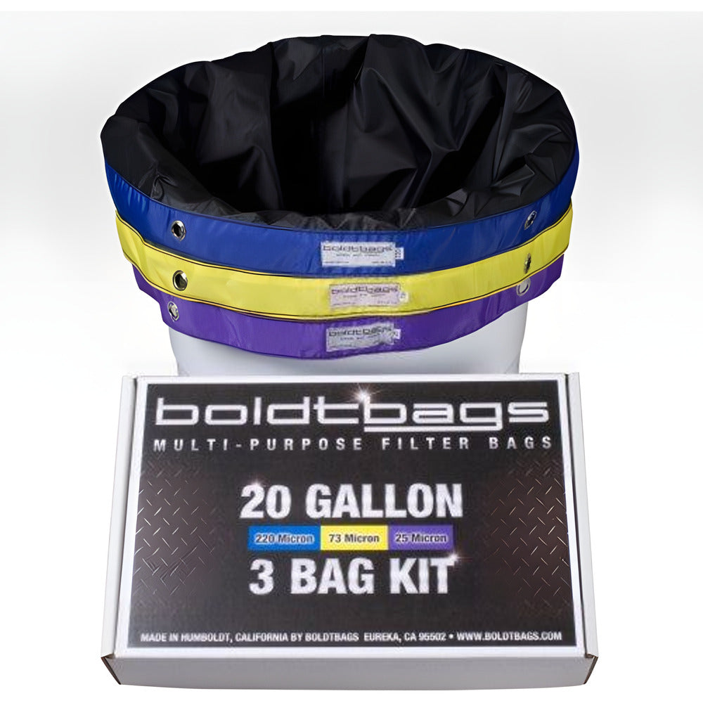 BoldtBags 20-gallon 3-bag kit with blue, yellow, and purple bands. Includes micron sizes.