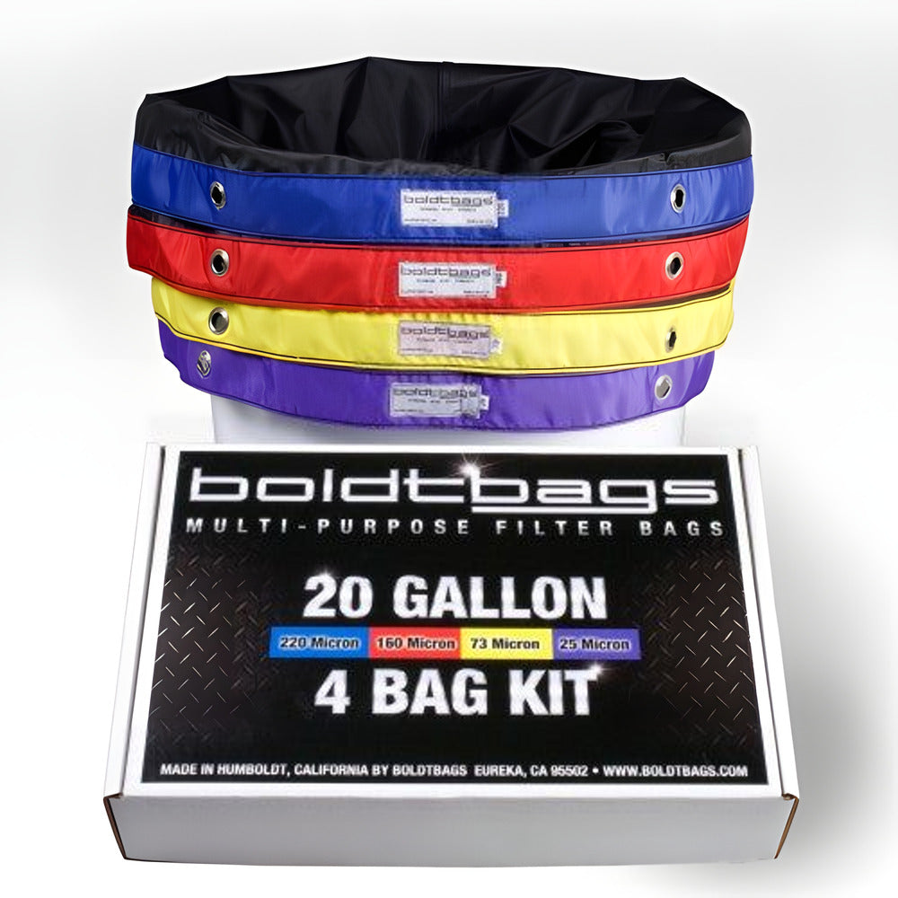 Boldtbags classic 20 gallon 4-bag kit with blue, red, yellow, and purple filter bags stacked.