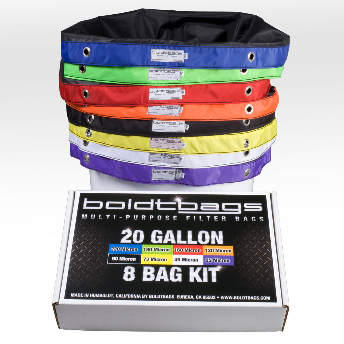 Stack of 8 colorful Boldtbags multi-purpose filter bags in a 20-gallon kit.