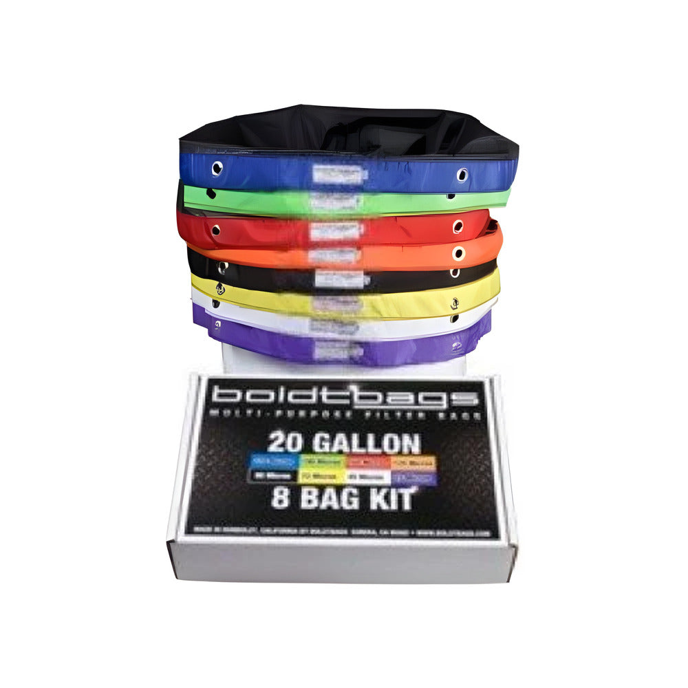 Boldtbags classic 20 gallon 8 bag kit with multi-colored filter bags stacked.