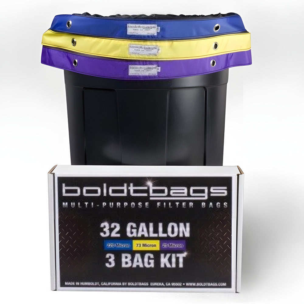 Boldtbags 32-gallon 3-bag kit with blue, yellow, and purple filter bags on a black bin.