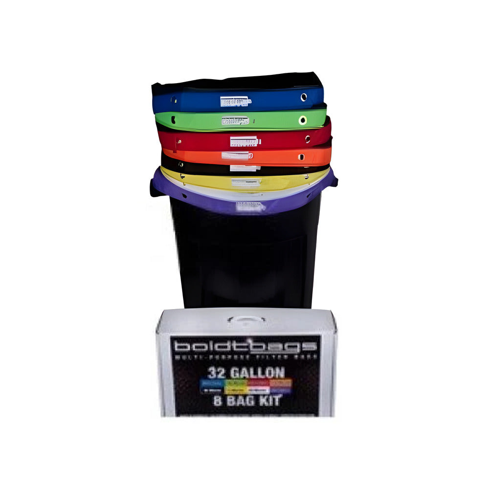 Boldtbags 32 gallon filter bag kit with colored bags and a black bucket.