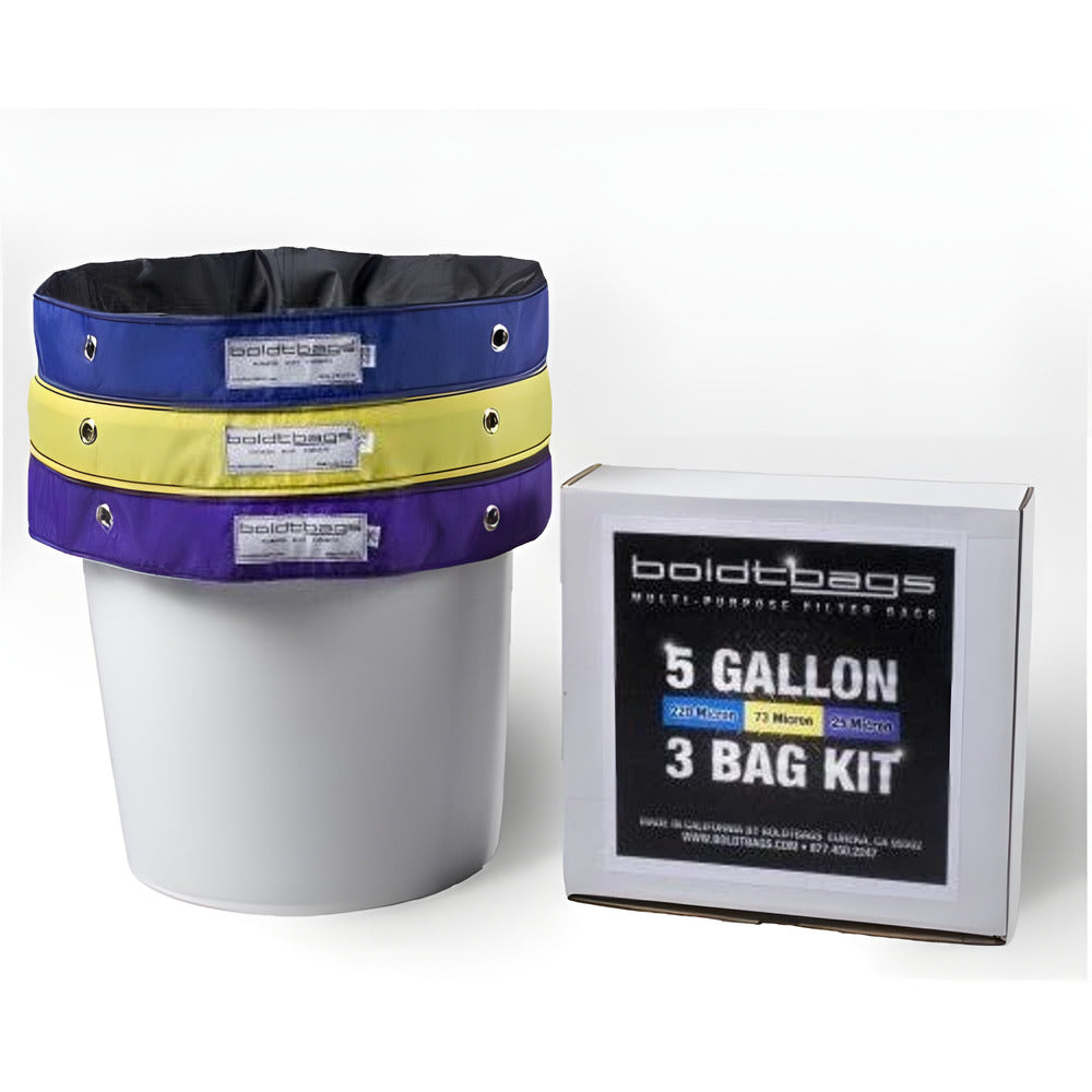 Boldtbags 5 gallon 3-bag kit with blue, yellow, and purple filter bags on a white bucket.