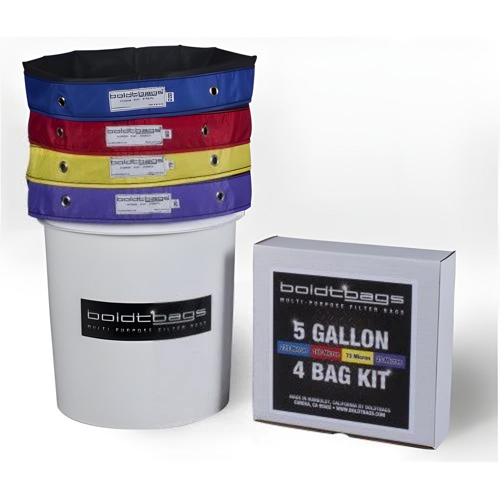 BoldtBags 5-gallon, 4-bag kit with colored filter bags stacked on a white bucket.