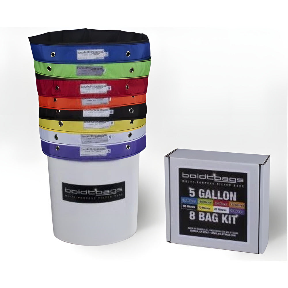 Boldtbags 5-gallon, 8-bag filter kit with stacked colored bags and a product box.