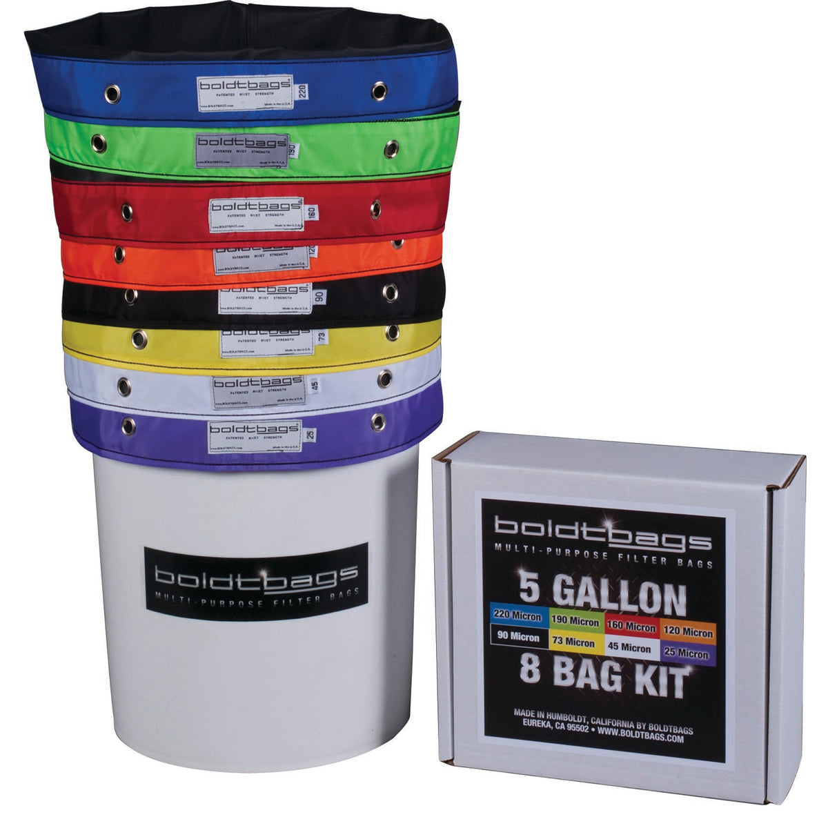 A stack of colorful Boldtbags filter bags in a white bucket, next to a "5 GALLON 8 BAG KIT" box.