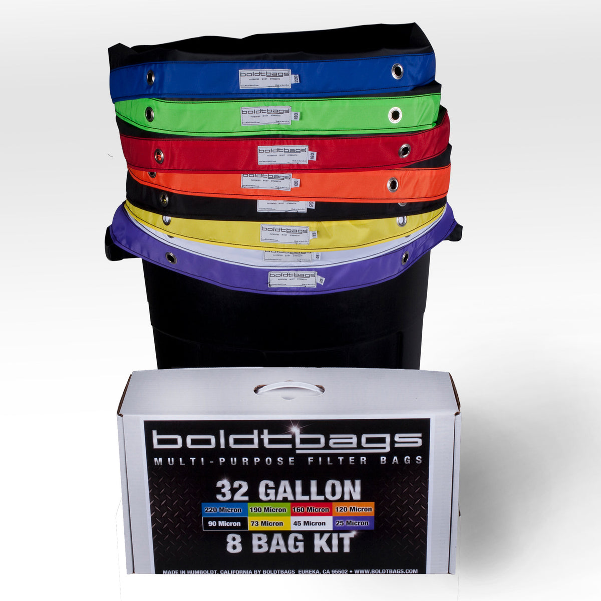 Boldtbags 32-gallon, 8-bag kit with multi-colored filter bags and product box.