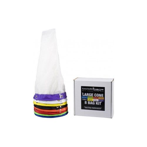 A large white cone bag with color-coded rims sits next to a box labeled "LARGE CONE 8 BAG KIT".