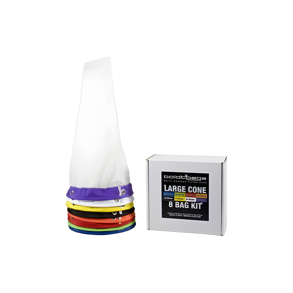 A large white cone bag with color-coded rims sits next to a box labeled "LARGE CONE 8 BAG KIT".