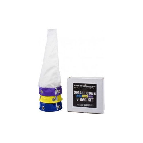 Boldtbags Small Cone 3 Bag Kit: White cone filter bags with purple, yellow, and blue bands, next to a product box.