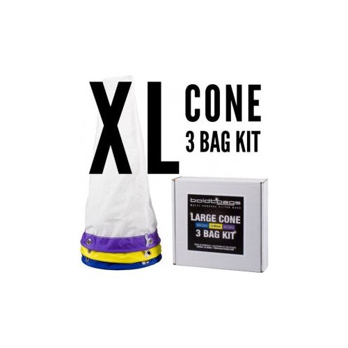 XL Cone 3 Bag Kit with a large white filter bag and a product box labeled "LARGE CONE 3 BAG KIT".