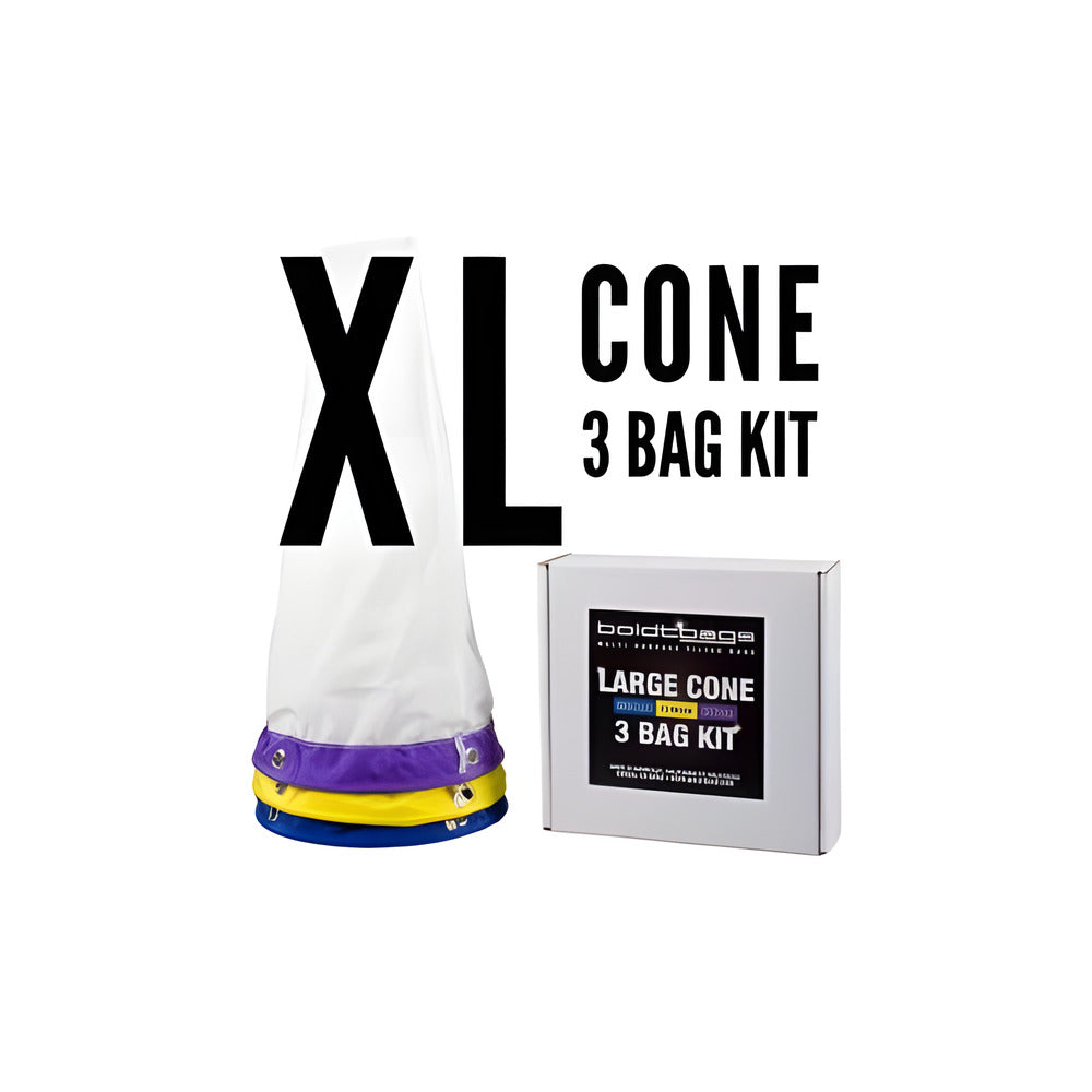 XL Cone 3 Bag Kit with a large white filter bag and a product box labeled "LARGE CONE 3 BAG KIT".