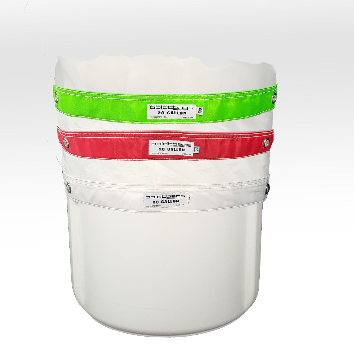 Boldtbags 20-gallon full mesh bags in a 3-bag kit: green, red, and white.