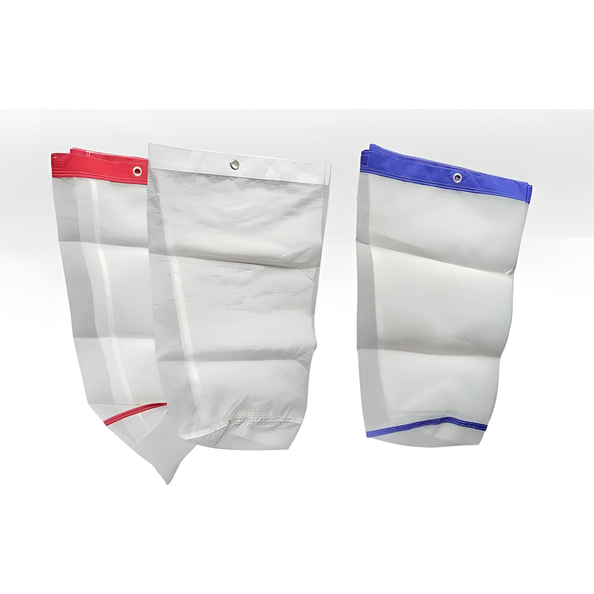 Three white mesh bags with colored tops and bottoms hang against a white background.