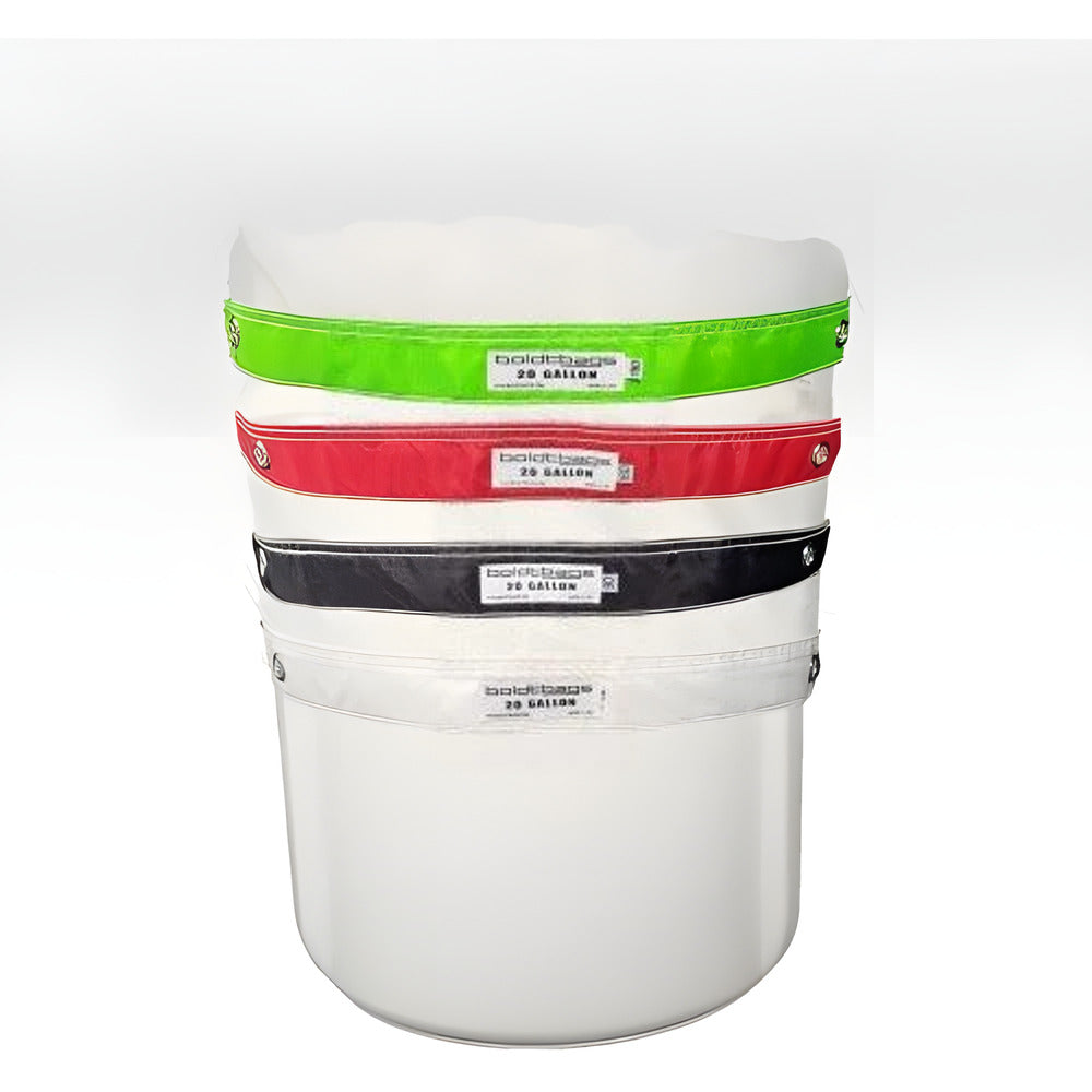 Stack of 20-gallon boldtbags in green, red, black, and white.