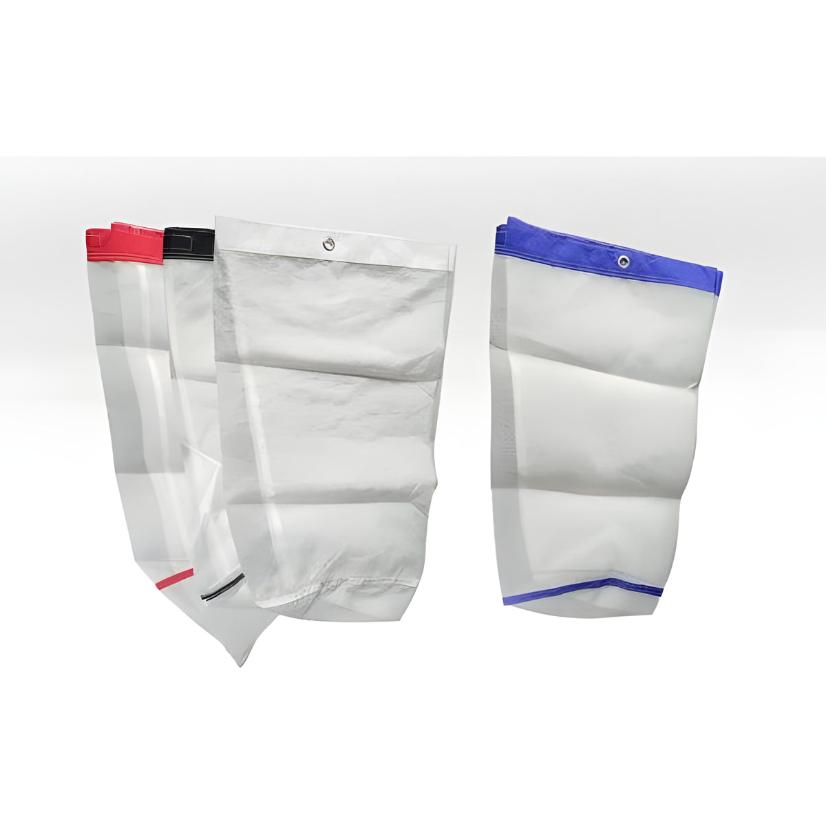 White mesh bags with colored tops (red, black, blue) arranged on a white background.