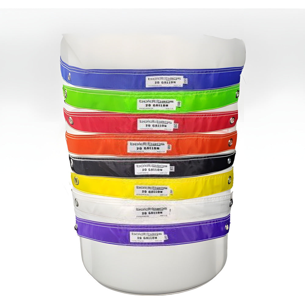 Stack of 8 colorful 20-gallon mesh bags for boldtbags, featuring blue, green, red, orange, black, yellow, white, and purple bands.