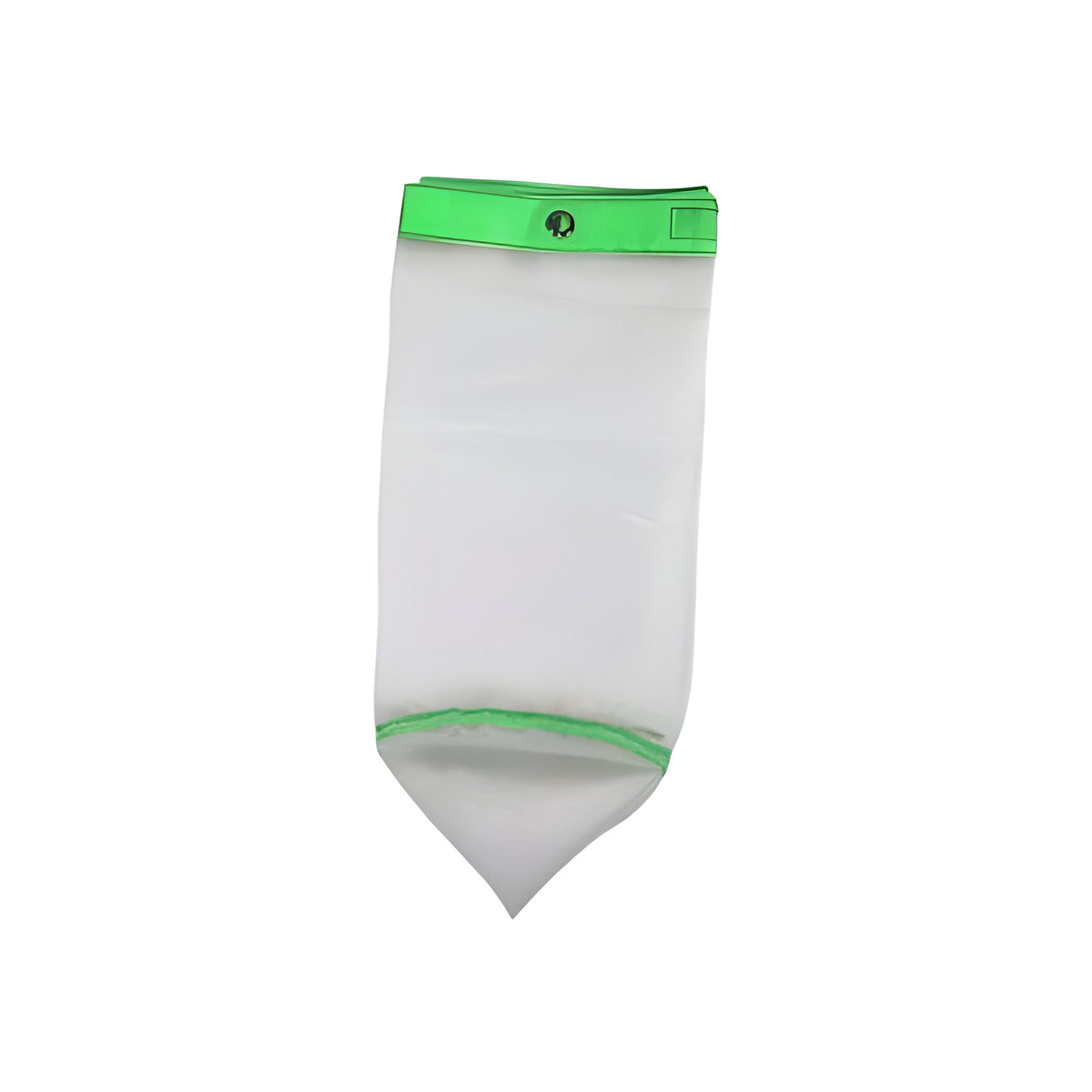 White mesh bag with green trim, pointed bottom.